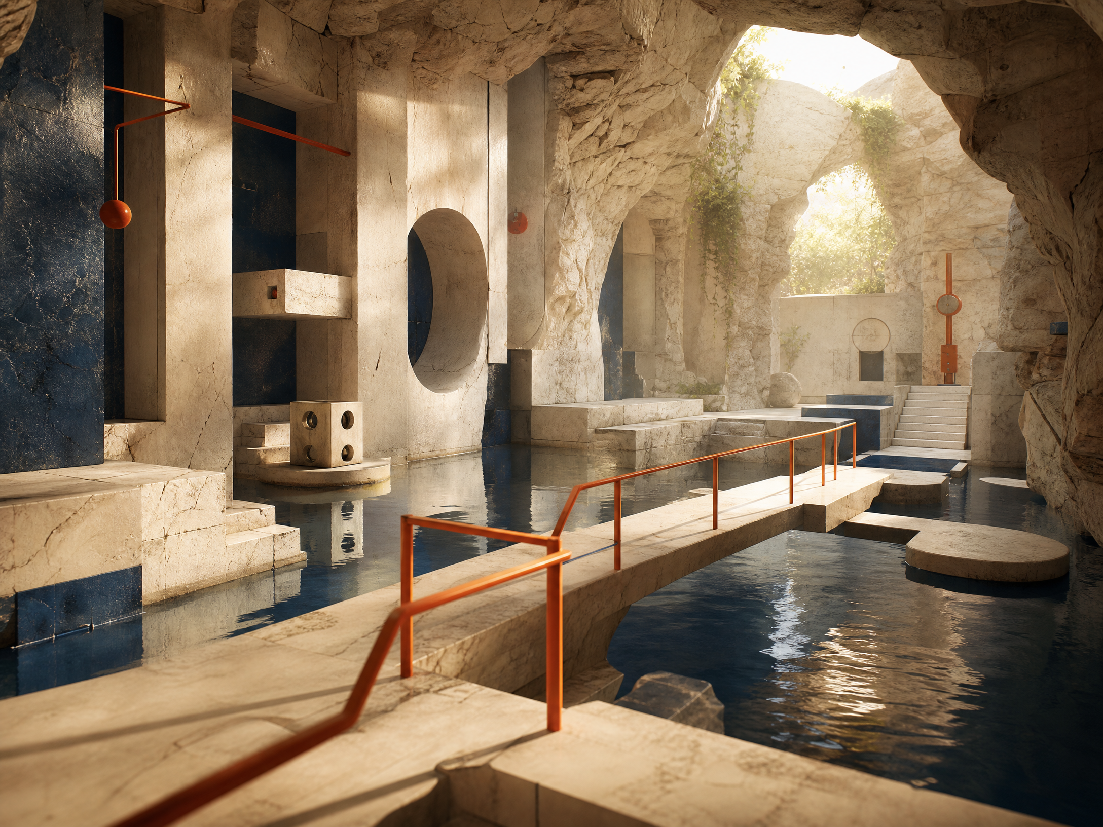 A fictional game puzzle space with walkways and reflective water