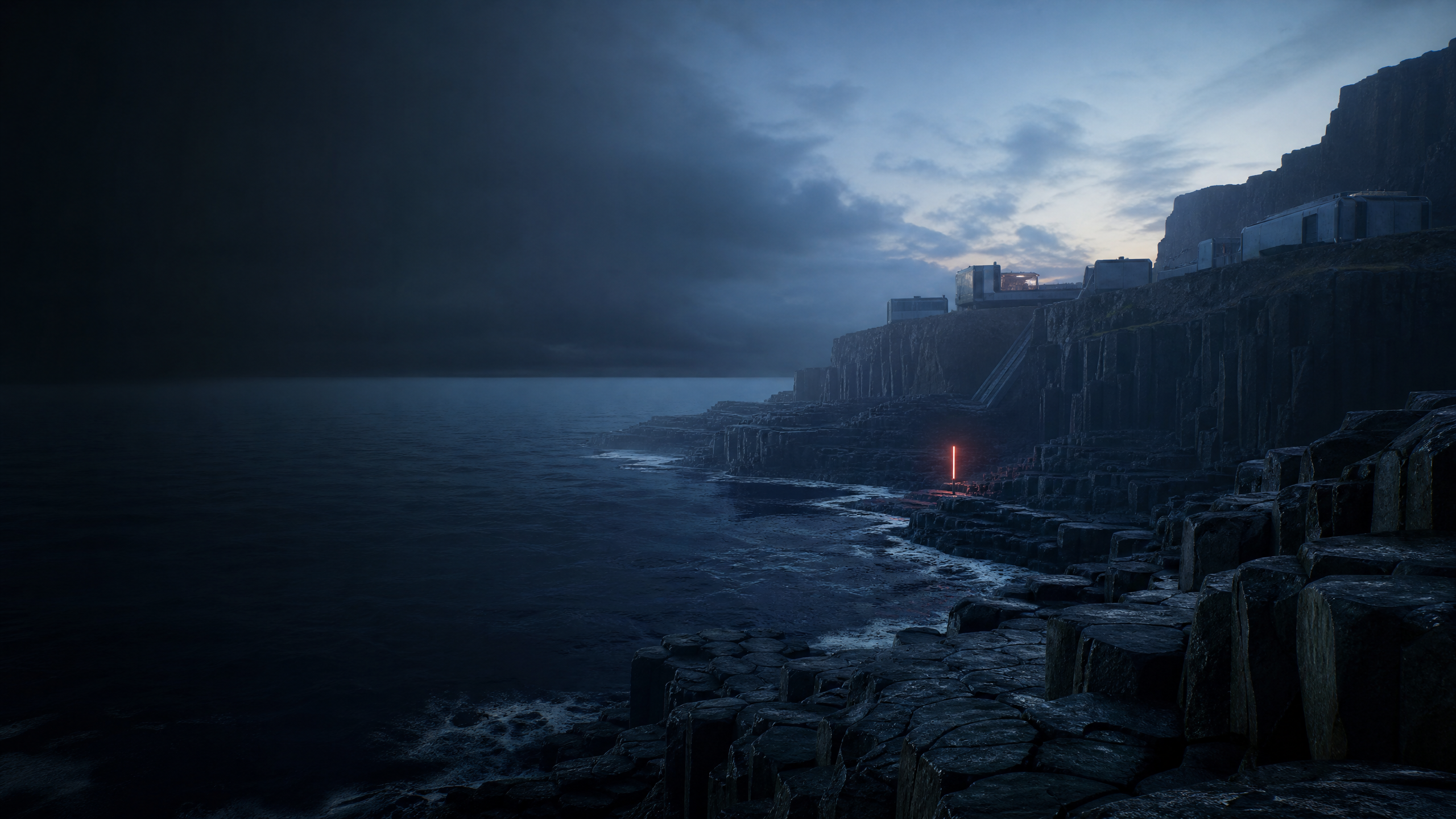 A fictional coastal game world with a research outpost at dusk