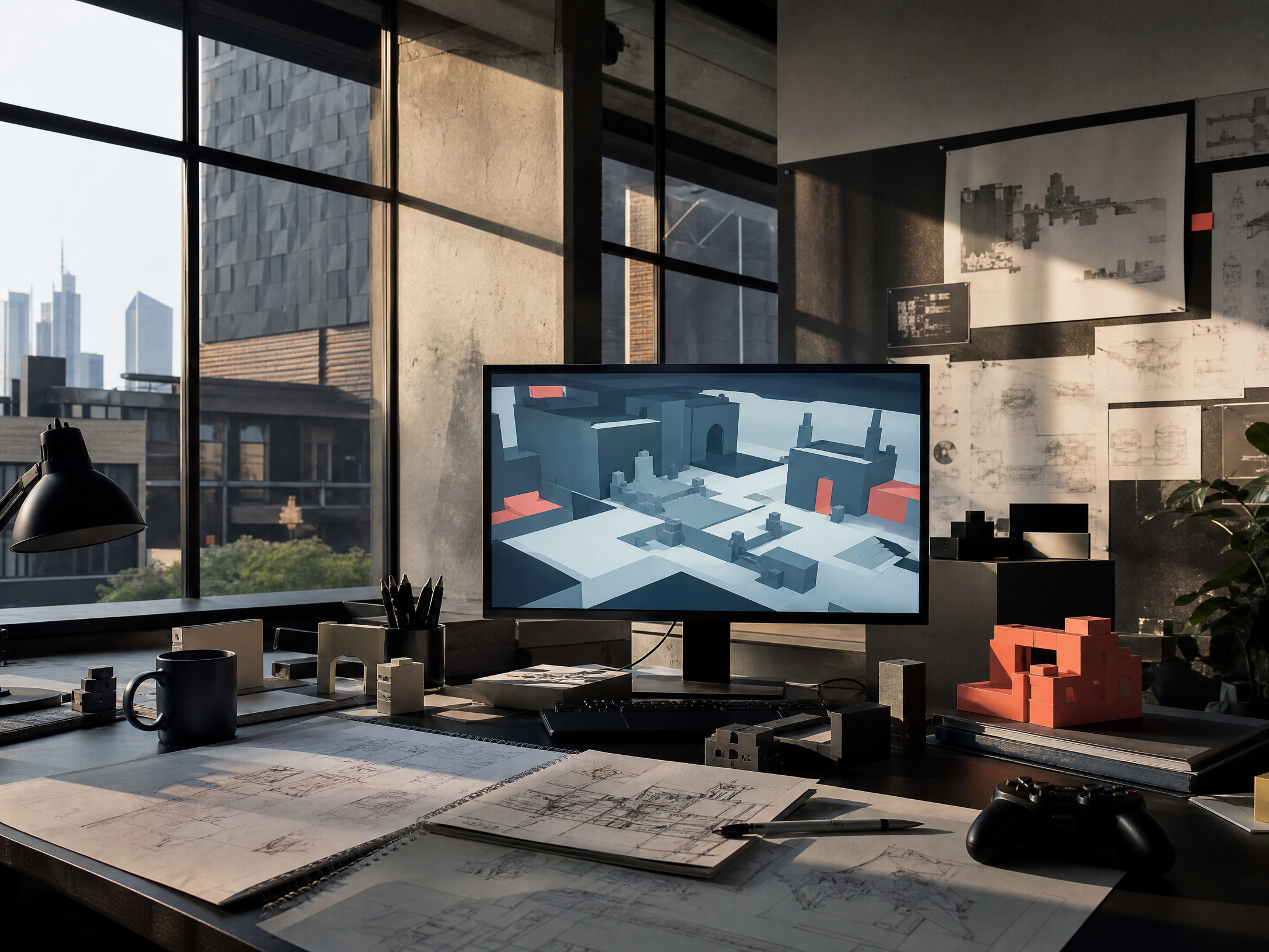 A fictional independent game studio workspace with prototype materials